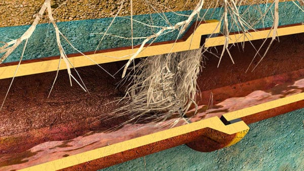 Ruttley Relining Illustration_ section of damaged drainpipe showing tree root intrusion